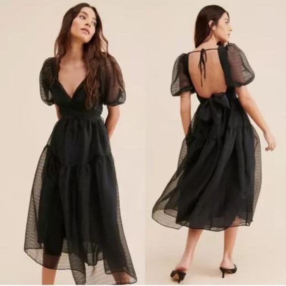 NWT Free People Hailey Puff Sleeve Sheer Midi Dress Black Size 12 $168 Romantic - Picture 4 of 11